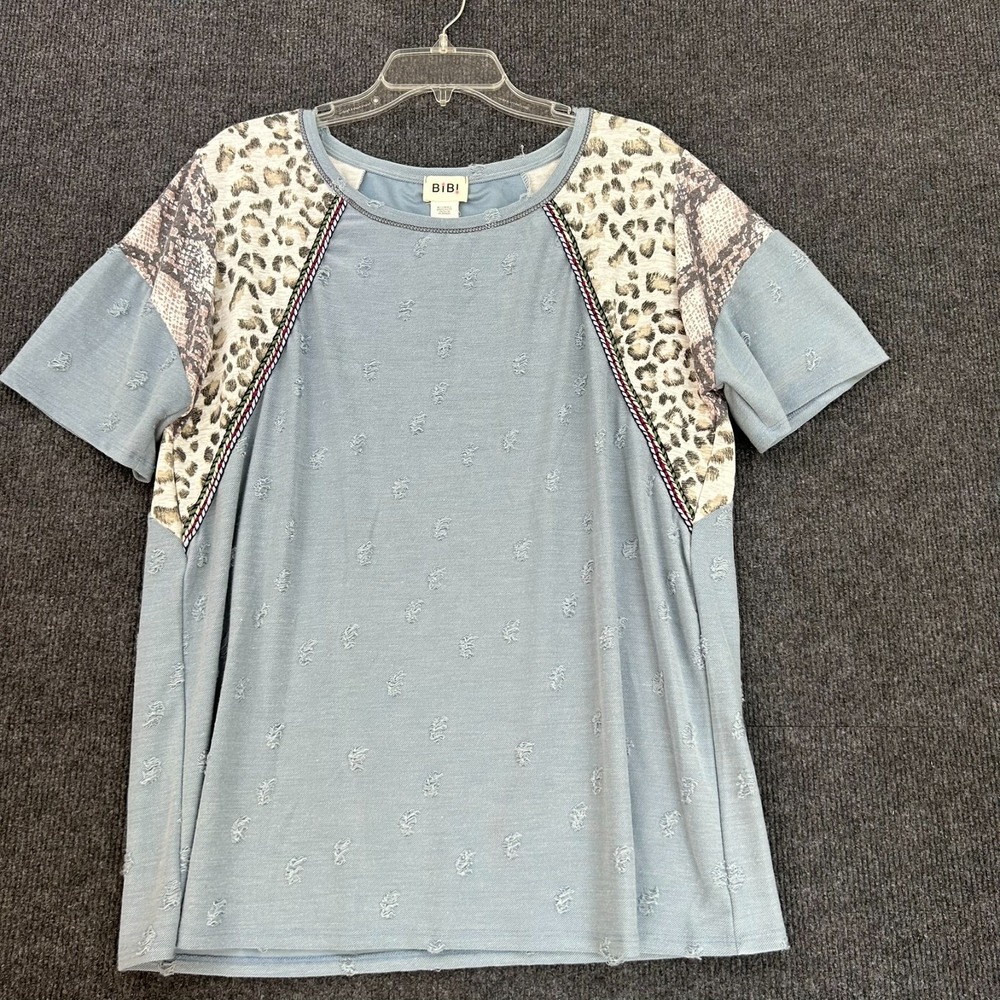 BIBI Women's Top XL Leopard Snake Print SS Blue Textured Distressed Chic Mom